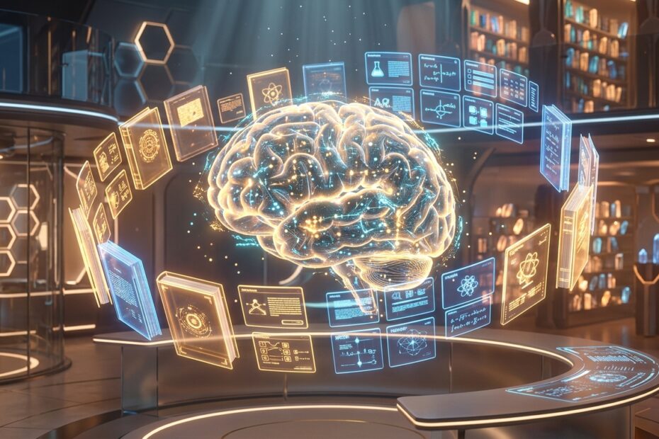 Cérebro holográfico 3D luminoso com livros digitais flutuantes e flashcards dourados e azuis simbolizando memorização acelerada para concursos.