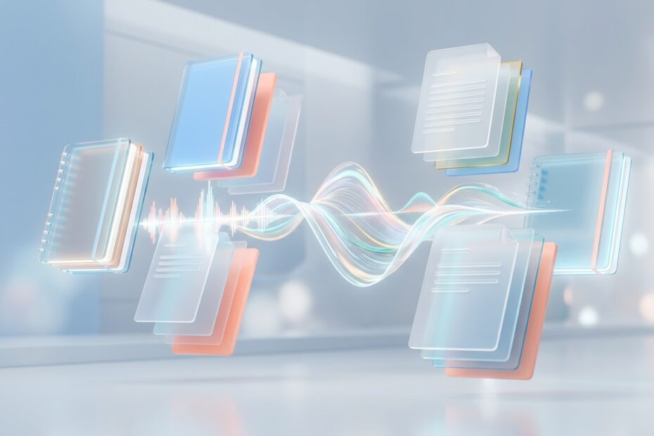 Design conceitual 3D moderno de documentos digitais e cadernos flutuantes em vidro fosco emitindo ondas sonoras de podcast, ilustrando o Google NotebookLM.