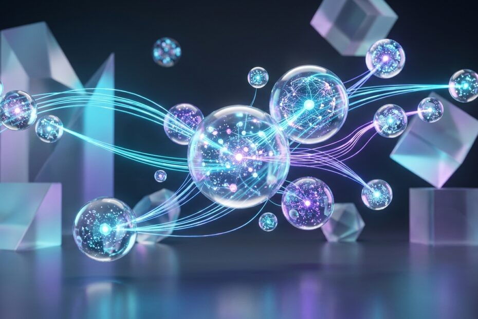 Ilustração 3D conceitual em alta definição com orbes luminosos e feixes de dados digitais representando a pesquisa inteligente do Perplexity Pro e tecnologia de busca em tempo real.