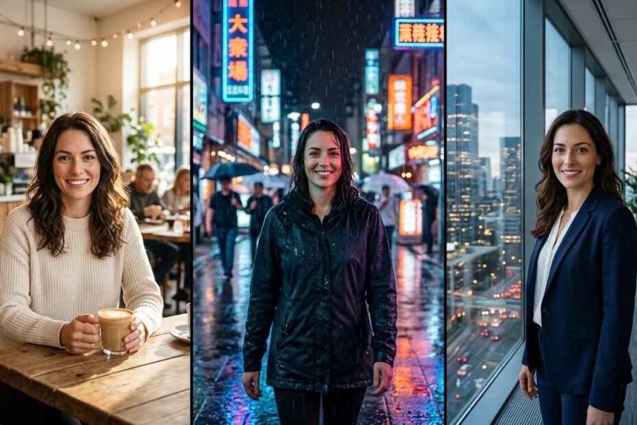 Comparação fotográfica em três painéis exibindo o mesmo rosto original feminino preservado em diferentes cenários com IA.