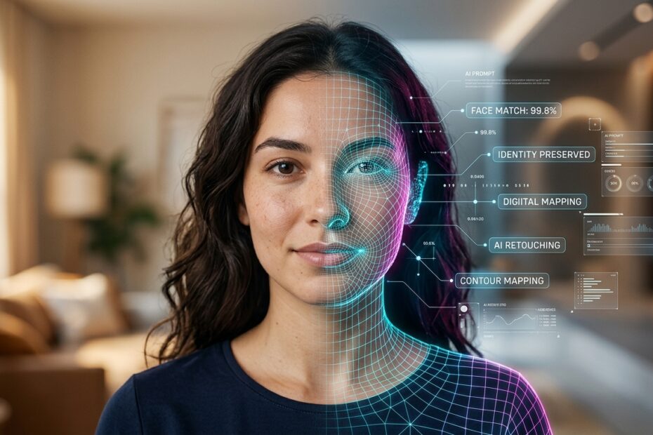 Ilustração conceitual sobre prompt para manter o rosto original no ChatGPT durante a edição de fotos com inteligência artificial.
