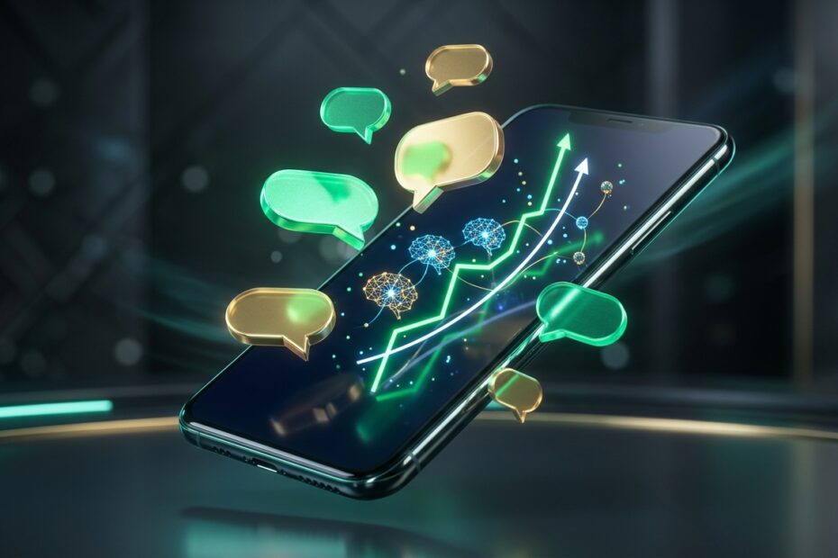 Smartphone flutuante 3D cercado por balões de conversa holográficos verde esmeralda e dourados com gráficos de crescimento e nós de negociação de IA.