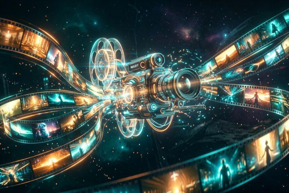 Câmera cinematográfica holográfica 3D futurista com rolos de película neon e frames volumétricos flutuando em tons de laranja e roxo estelar.