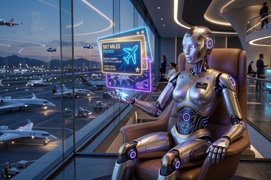 Robô futurista em uma sala VIP moderna de aeroporto analisando cartões de crédito holográficos flutuantes para acumular milhas e benefícios de viagem.